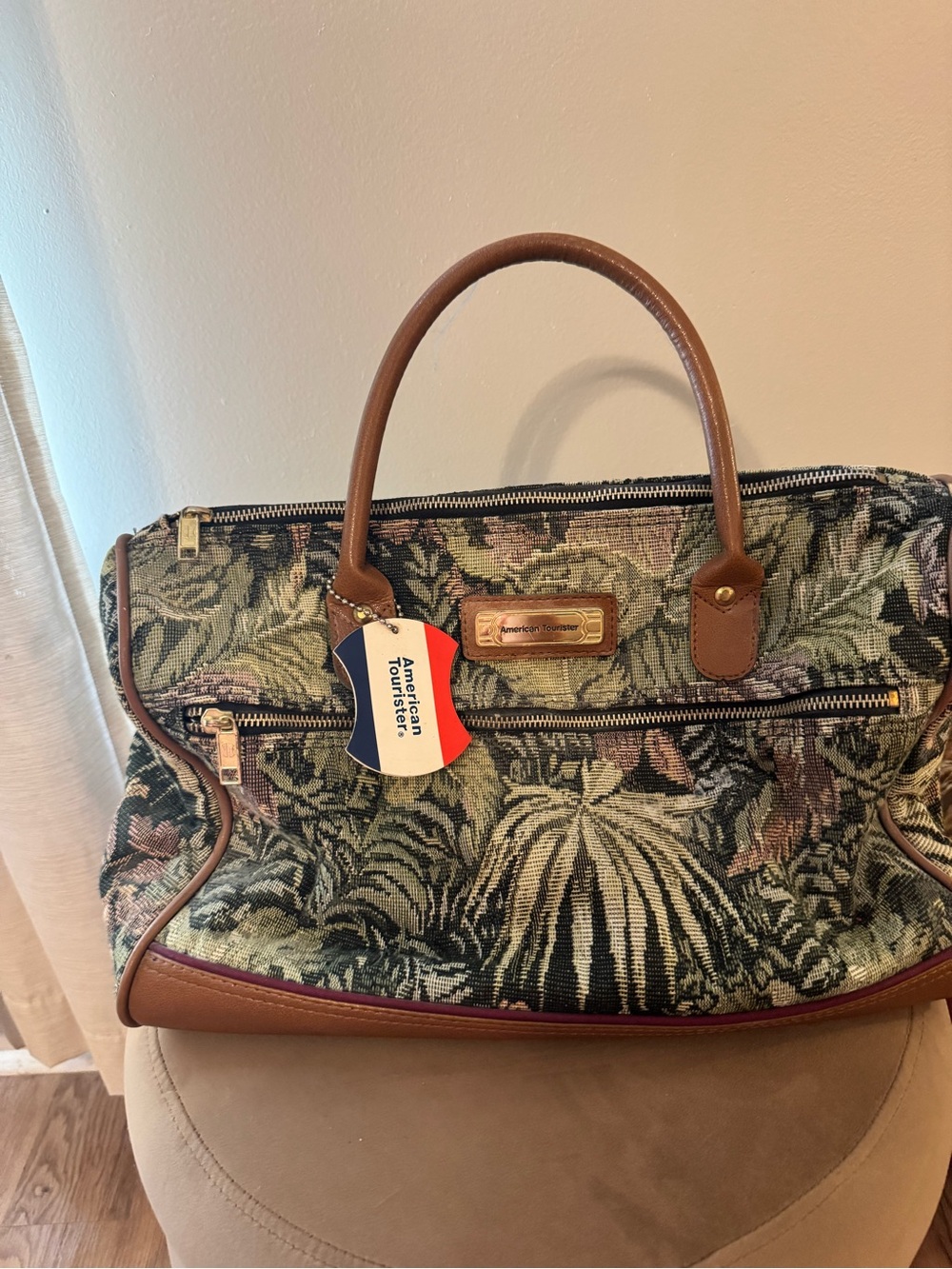 American Tourister Tapestry Tropical Travel Tote in Green and Brown